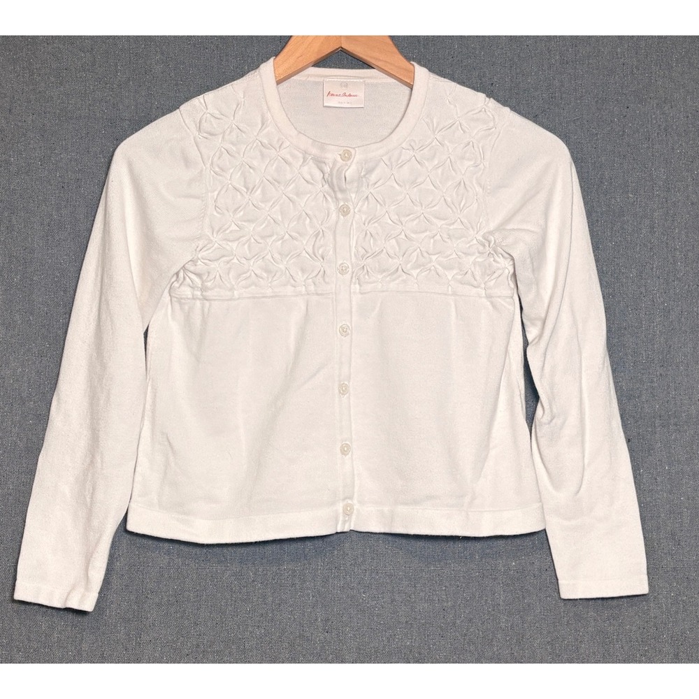 Hanna Andersson Girls White Cotton Cardigan Sweater Smocked Yoke Size 140 10-12
